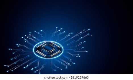 Microchip processor circuit board technology on dark blue background. Information Processing Concept. Circuit board hi-tech technology background. vector illustration