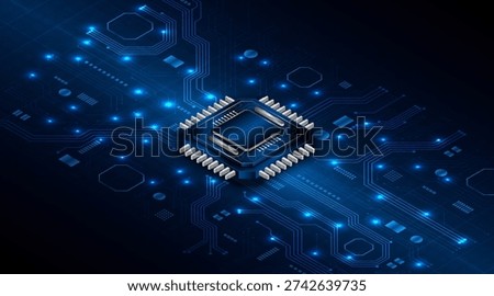 Microchip processor circuit board technology on dark blue background. Information Processing Concept. Circuit board hi-tech technology background. vector illustration