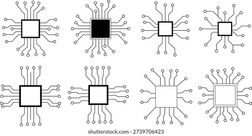 Microchip Processor Circuit Icon Set Technology CPU Chip Vector Collection