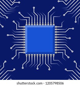 Microchip processor and circuit on  blue background. Vector file.