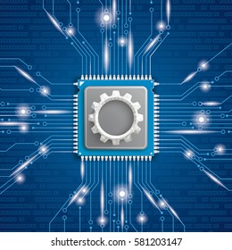 Microchip Processor With Gear Wheel On The Blue Background. Eps 10 Vector File.