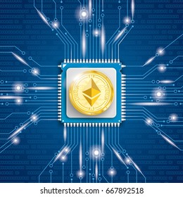 Microchip processor with golden Ethereum coin and lights on the blue background. Eps 10 vector file.