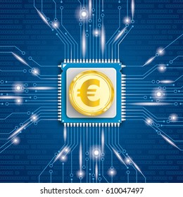 Microchip processor with golden Euro coin and lights on the blue background. Eps 10 vector file.