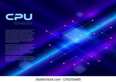  Microchip processor with lights on the blue background.  CPU isometric banner. 