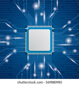 Microchip Processor With Lights On The Blue Background. Eps 10 Vector File.