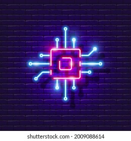 Microchip Processor neon sign. Microcircuit luminous icon. Vector illustration for design. Radio electronics concept.