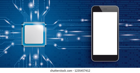 Microchip Processor With Smartphone With White Display. Eps 10 Vector File.