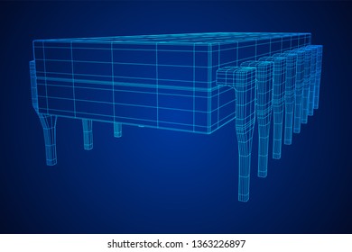 Microchip quantum processor, micro-processor with board electronic CPU wireframe low poly mesh vector illustration