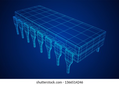 Microchip quantum processor, micro-processor with board electronic CPU wireframe low poly mesh vector illustration
