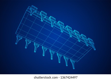 Microchip quantum processor, micro-processor with board electronic CPU wireframe low poly mesh vector illustration