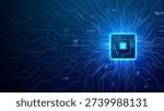 Microchip with radiating connection lines forming complex electronic pathways on white background. Digital technology illustration with copy space for innovative presentations. Digital blue background