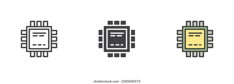 Microchip, semiconductor chip different style icon set. Line, glyph and filled outline colorful version, outline and filled vector sign. Symbol, logo illustration. Vector graphics