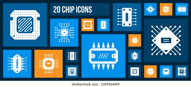 Microchip silhouette icons set. Isolated sign kit of cpu. Microprocessor pictogram collection includes micro chip, abstract circuit. Simple white contour symbol. PC processor vector Icon shape