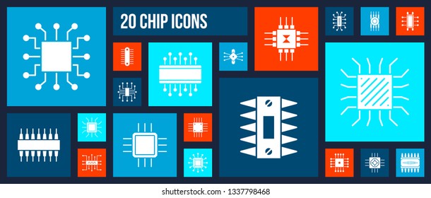 Microchip silhouette icons set. Isolated web sign kit of cpu. Microprocessor pictograms includes pc micro processor, abstract circuit. Simple white contour symbol. Computer chip vector Icon shape