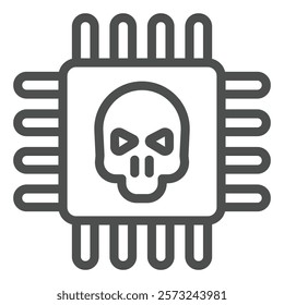 Microchip with skull line icon, hacker attacks concept. Vector graphics. Processor with hacker exploit tool, hardware sign on white background, outline style icon for mobile or web design