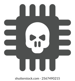 Microchip with skull solid icon, hacker attacks concept. Vector graphics. Processor with hacker exploit tool, hardware sign on white background, glyph style icon for mobile or web design