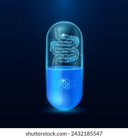 Microchip small intestine interface in capsule blue luminous. Smart digital pills in health care alternative. Medicine futuristic. Pharmaceutical and scientific medical technology concept. Vector.