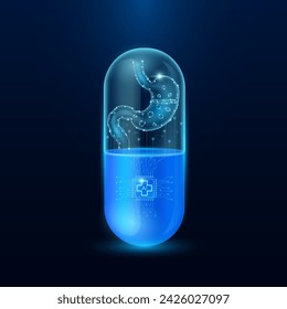 Microchip stomach interface in capsule blue luminous. Smart digital pills in health care alternative. Medicine futuristic. Pharmaceutical and scientific medical technology concept. Vector EPS10.