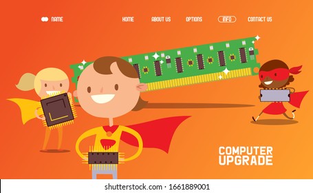 Microchip technology for computer upgrade, superhero boys and girls cartoon characters, vector illustration. Happy kid holding electronic circuit. Website design template, digital hardware online shop