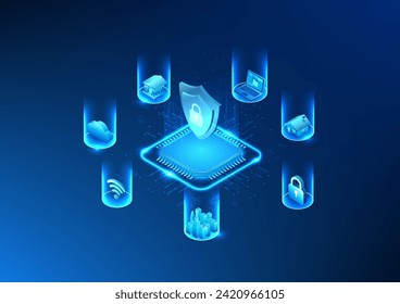 Microchip technology is a digital processing system with cyber security. It is to prevent theft and destruction of data. The microchip above is a shield with a lock and network icons. isometric image