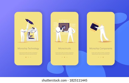 Microchip Technology Manufacture Mobile App Page Onboard Screen Template. Tiny Characters in Protective Suit Set Up Huge Semiconductor or Micro Circuit Chip Concept. Cartoon People Vector Illustration