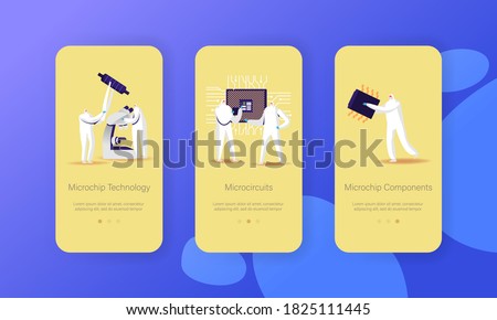 Microchip Technology Manufacture Mobile App Page Onboard Screen Template. Tiny Characters in Protective Suit Set Up Huge Semiconductor or Micro Circuit Chip Concept. Cartoon People Vector Illustration