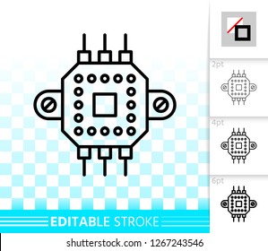 Microchip thin line icon. Outline sign of cpu. Microprocessor linear pictogram with different stroke width. Simple vector symbol, transparent background. Microscheme editable stroke icon without fill