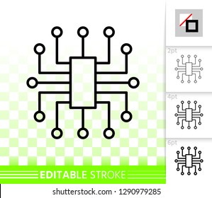 Microchip thin line icon. Outline sign of cpu. Microprocessor linear pictogram with different stroke width. Simple vector symbol, transparent background. Microscheme editable stroke icon without fill