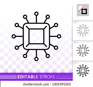Microchip thin line icon. Outline sign of cpu. Microprocessor linear pictogram with different stroke width. Simple vector symbol, transparent background. Microscheme editable stroke icon without fill