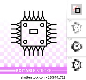 Microchip thin line icon. Outline sign of cpu. Microprocessor linear pictogram with different stroke width. Simple vector symbol, transparent background. Microscheme editable stroke icon without fill