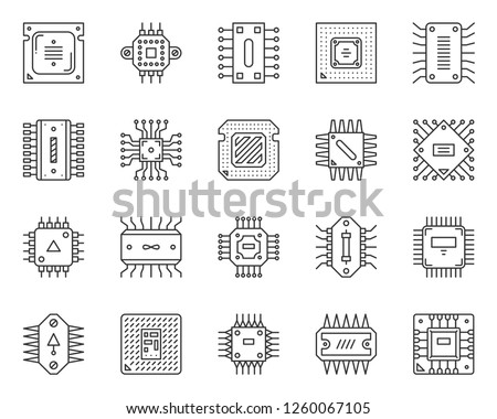 Microchip thin line icon set. Outline web sign kit of cpu. PCB linear icons of abstract circuit, hi tech electronics technology. Micro processor simple black symbol on white. Vector Illustration