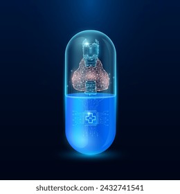 Microchip thyroid gland interface in capsule blue luminous. Smart digital pills in health care alternative. Medicine futuristic. Pharmaceutical and scientific medical technology concept. Vector EPS10.