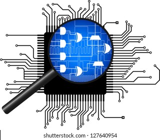 microchip under magnification vector illustration