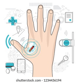 Microchip under the skin illustration. RF tag in the hand. Spying on people. Future chipping technologies