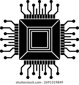Microchip vector illustration showing a detailed digital processor circuit outline, perfect for technology, electronics, and innovation design concepts.