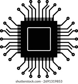Microchip vector illustration showing a detailed digital processor circuit outline, perfect for technology, electronics, and innovation design concepts.