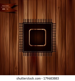 Microchip web icon. Wooden background