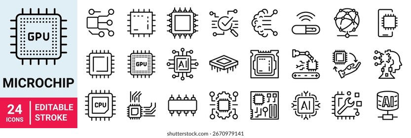 Microchip web line icons. Innovations and modern technologies Chip, Circuit, Abstract Electronic Module. Editable stroke. Vector illustration