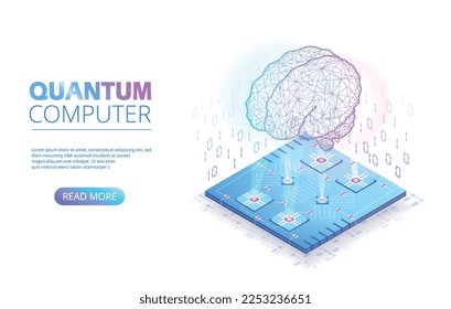 Microchip white landing. Modern technologies and digital world, gadgets and devices. Quantum computer concept. Innovations and cyberspace, IT technologies. Cartoon isometric vector illustration