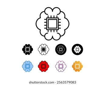 Microchip within cloud shape,icon  with 9 different styles, line, glyp, flat, gradient etc.illustrating integration, interconnected systems, virtual networks.suitable for print websites etc.