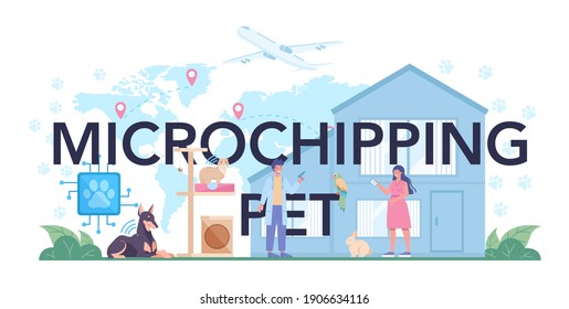 Microchipping pet typographic header. Veterinary doctor checking and treating animal. Idea of pet care, animal medical vaccination, microchipping. Vector flat illustration