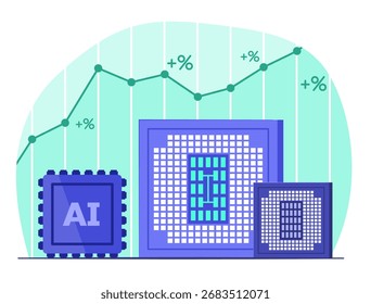 Mikrochips mit Financial Trading Graph Chart für Online-Investitionen in Halbleitertechnologie und elektronische Industrie Concept Illustration