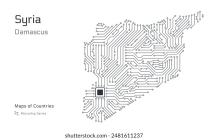 A microchip-style vector map of Syria, with Damascus highlighted as a processor