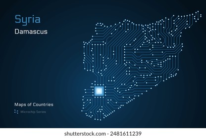 Mapa de Siria al estilo de un microchip, con Damasco como Vector destacado