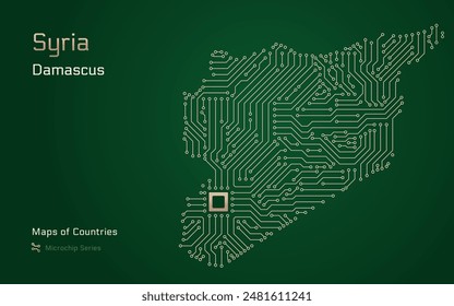 A microchip-style vector map of Syria, with Damascus highlighted as a processor