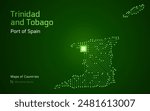 A microchip-style vector map of Trinidad and Tobago, with Port of Spain highlighted as a processor