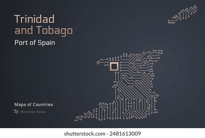 Mapa de Vector de estilo microchip de Trinidad y Tobago, con Puerto España como procesador destacado