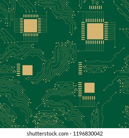 Microcircuit. Abstract techno background. Seamless pattern. Green background copper elements