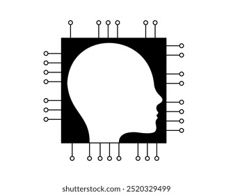 Microcircuit or chip with a silhouette of a human head. Minimalistic one-color conceptual illustration about the implementation of artificial intelligence.