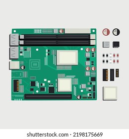 Microcircuit. Circuit board. Electronic computer components motherboard. Semiconductor microchip. Hardware parts highly detailed